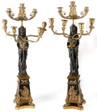 egyptian revival gilt and patinated bronze candelabra