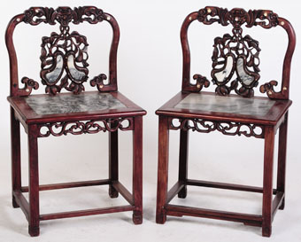 pair of chinese carved hardwood chairs with marble