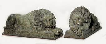 Large Carved Marble Canova Lion Pair