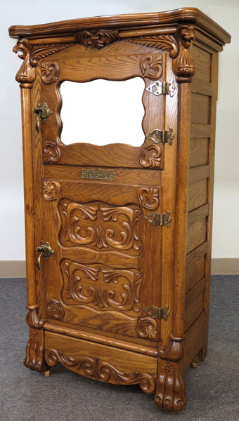 Exceptional Beldings Oak Ice Box with Mirror and Lions