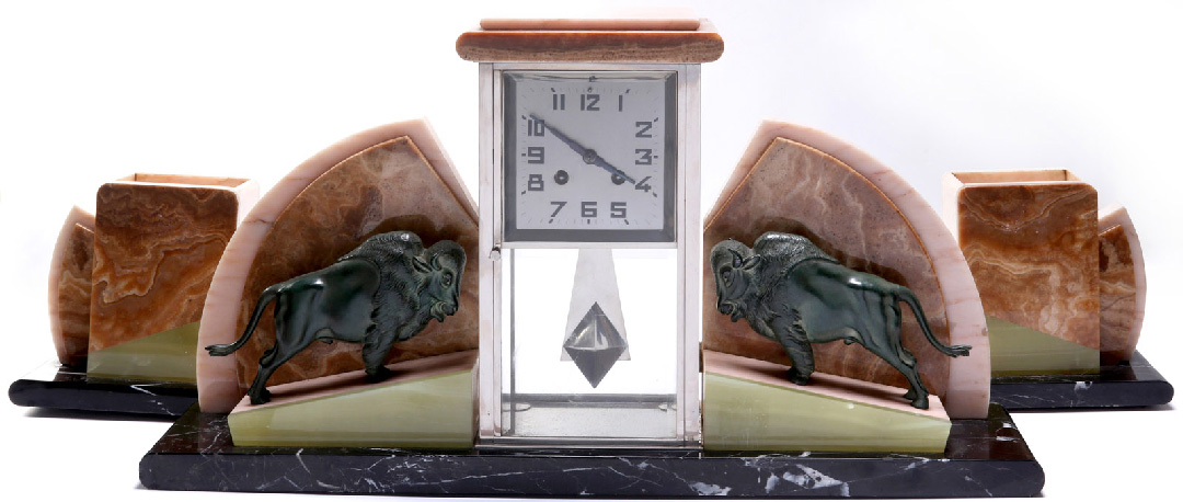 Art Deco Clock Set with Buffalo
