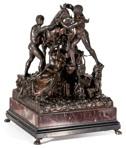A Grand Tour Bronze Casting of the Farnese Bull on Tiered Marble Base