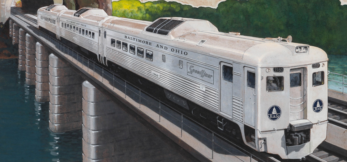 Rare and Important Original Illustration of B&O Speedliner #21 by Leslie Ragan (1897‑1972) for Budd Company