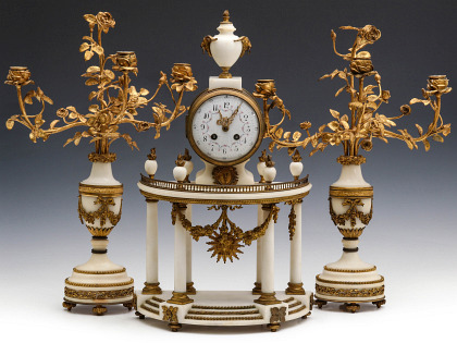 A Marble and Ormolu Portico Clock Set Signed Marti