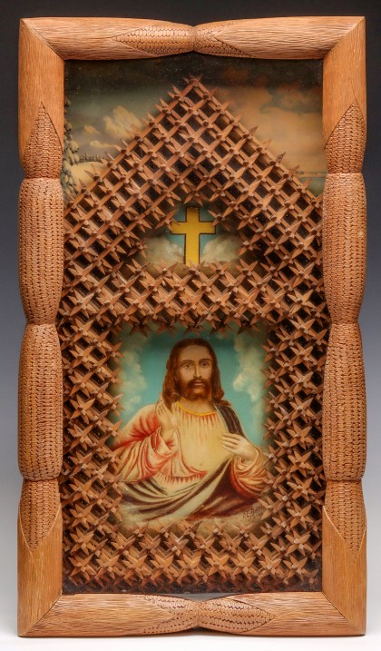 Tramp Art Crown of Thorns with Painting in Carved Corn Frame