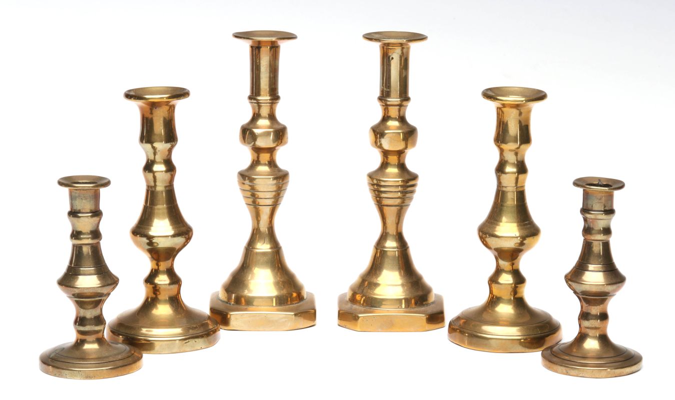 THREE PAIR EARLY 19TH C BRASS PUSH-UP CANDLE STICKS