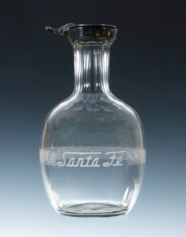 SANTA FE RR ETCHED CARAFE WITH SILVER PLATE COVER 