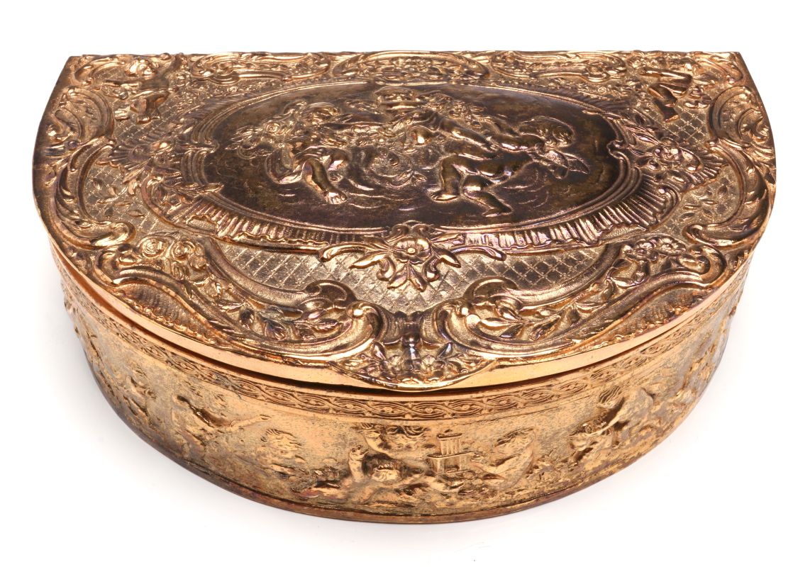 A FRENCH DEMILUNE FORM GILT SILVER PLATED BOX