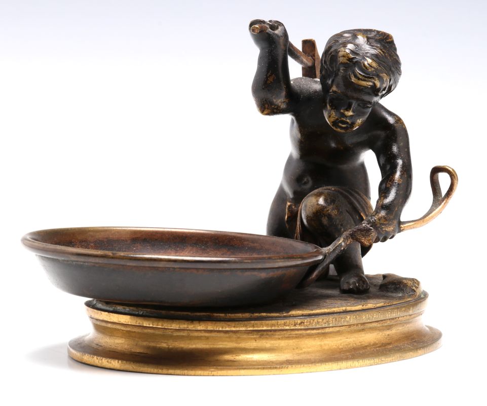 A SMALL 19TH C CABINET BRONZE OF CUPID BLACKSMITH 