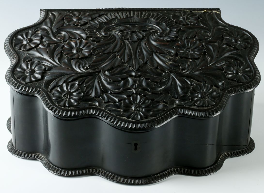 FINE ANGLO-INDIAN HIGHLY CARVED EBONY DRESSER BOX