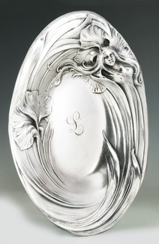AN ART NOUVEAU STERLING SILVER TRAY WITH MAIDEN