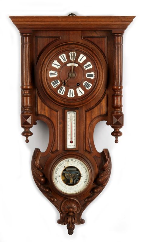 A 19TH C. FRENCH WALNUT WALL CLOCK AND BAROMETER