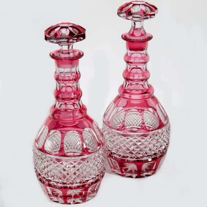 BOHEMIAN CRANBERRY CUT TO CLEAR DECANTER PAIR