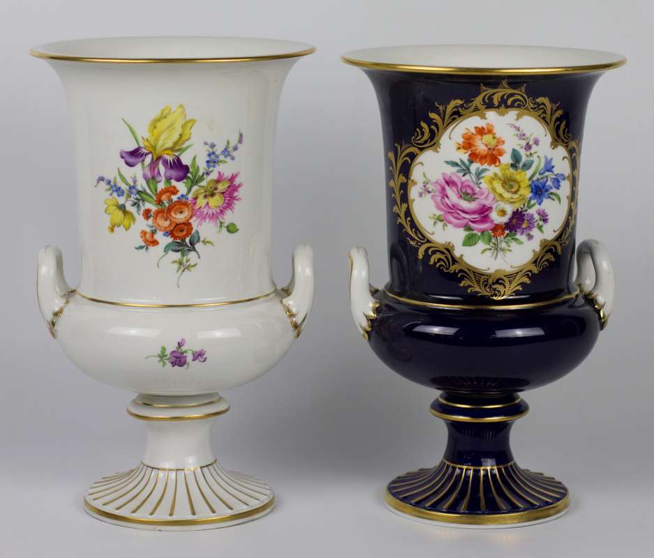 TWO LARGE FLORAL DECORATED MEISSEN URNS