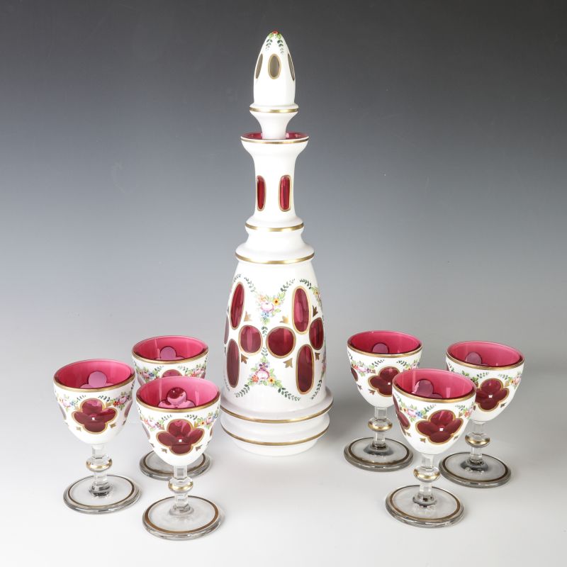 A MID 20TH C BOHEMIAN OVERLAID DECANTER AND WINES