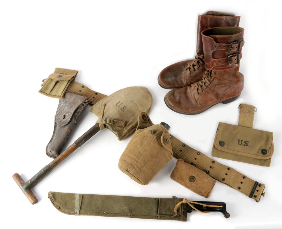 WWII WEB BELT WITH SHOVEL, MACHETE, BOOTS AND MORE