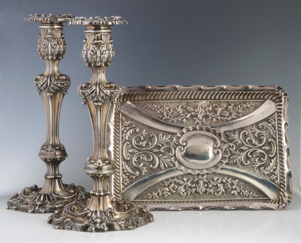 STERLING SILVER CANDLESTICKS (AS FOUND) AND TRAY