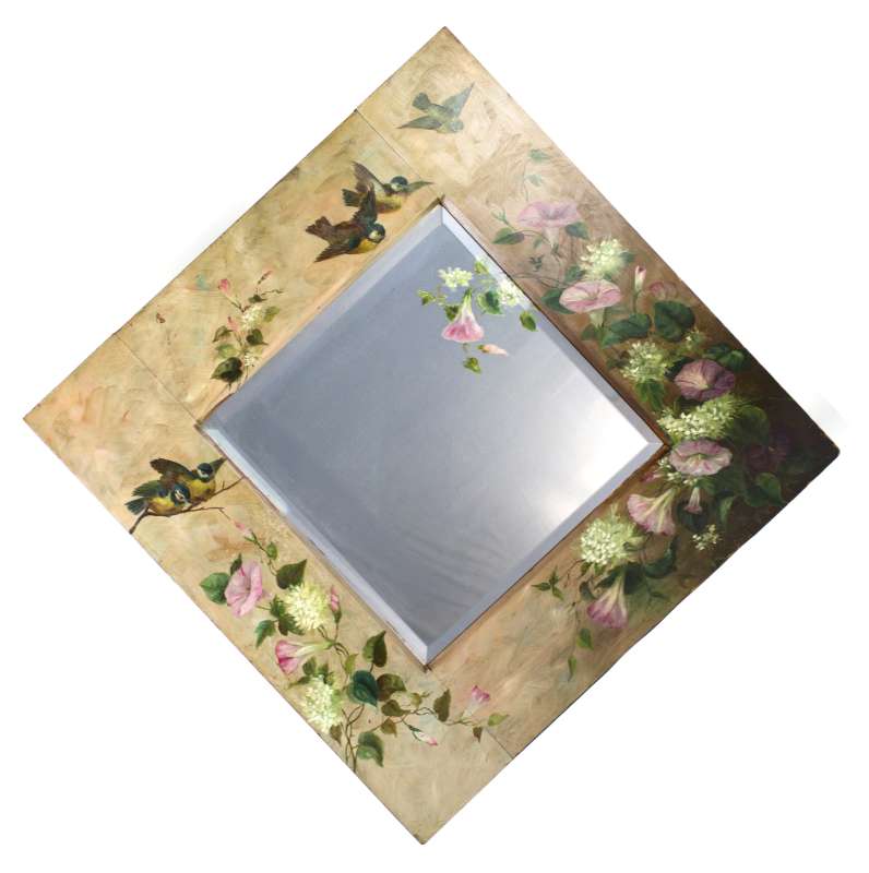 A VICTORIAN PAINTED MIRROR WITH LOVE BIRDS, FLOWER