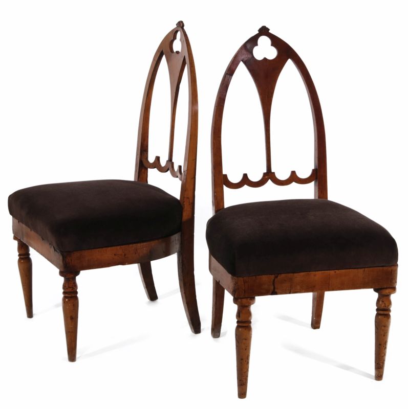 PAIR 19TH C. CONTINENTAL GOTHIC FRUIT WOOD CHAIRS