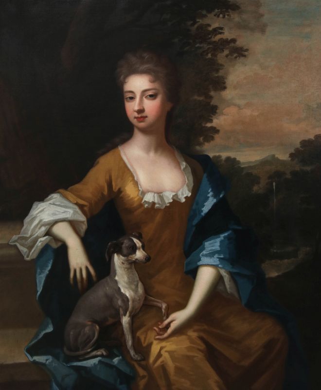 A 19TH C. PORTRAIT WOMAN AND WHIPPET AFTER KNELLER