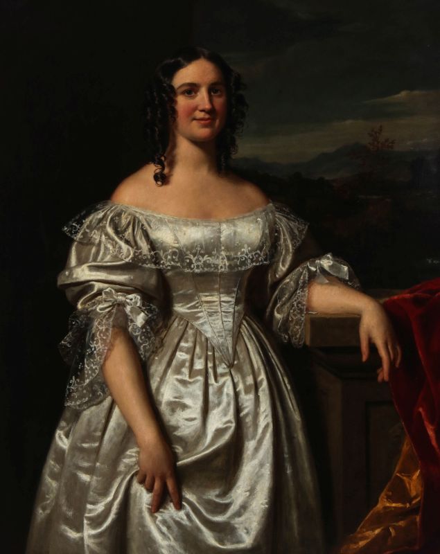 AN EARLY 19TH C. PORTRAIT OF WOMAN IN SATIN DRESS