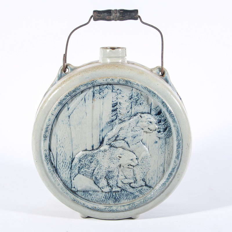 A WHITE'S UTICA STONEWARE CANTEEN WITH BEARS