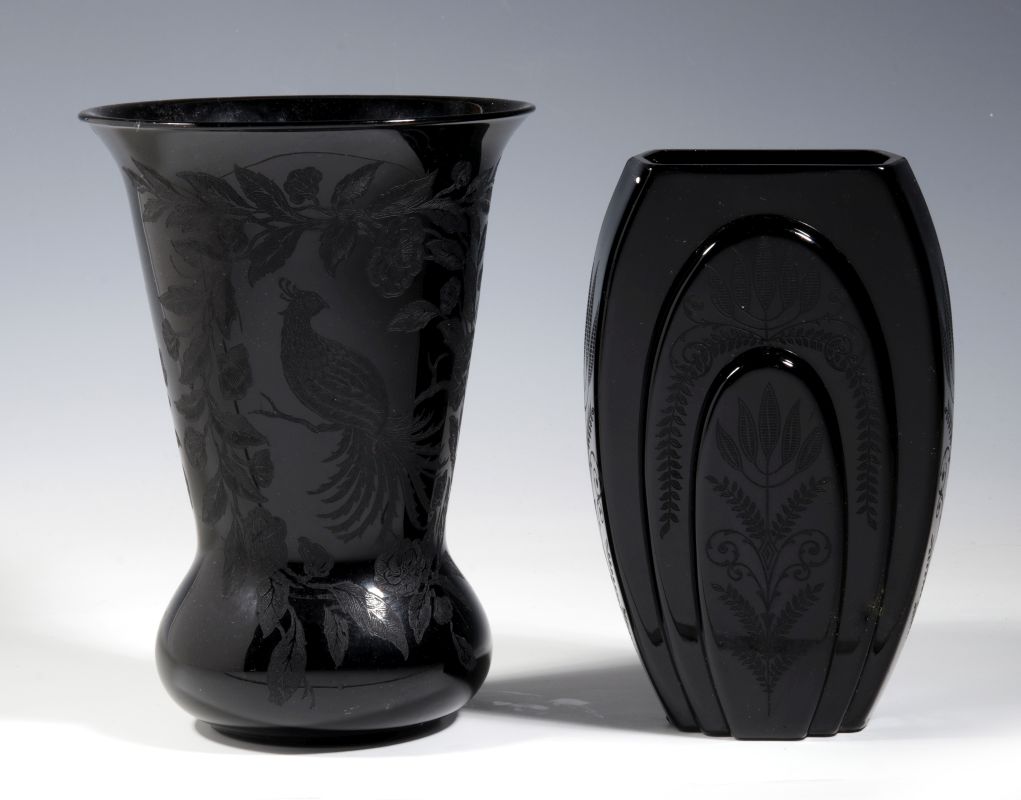 TWO EBONY ART GLASS ETCHED VASES