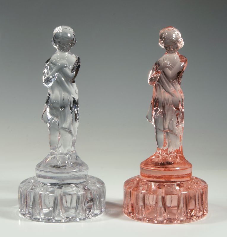 TWO CAMBRIDGE GLASS CO. 'DRAPED LADY' FLOWER FROGS