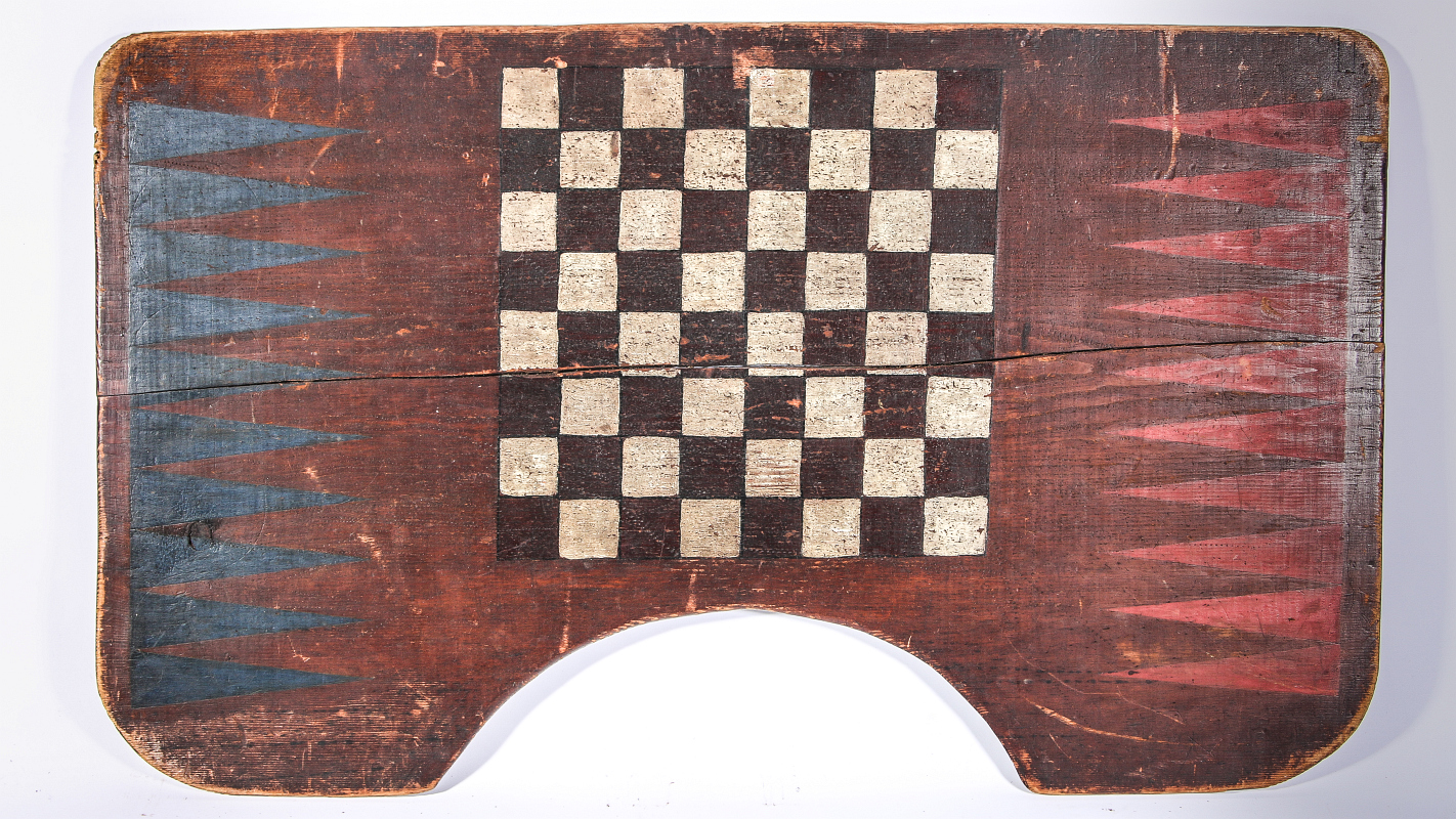 ANTIQUE SEWING LAP BOARD WITH FLAG AND GAME BOARD