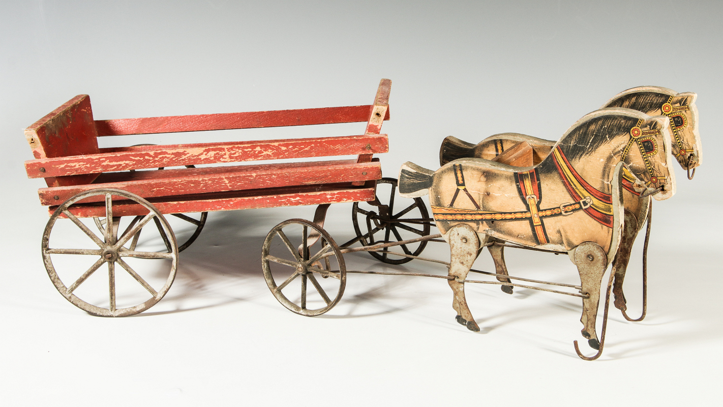 A LATE 19TH CENTURY LITHO ON WOOD HORSE DRAWN TOY
