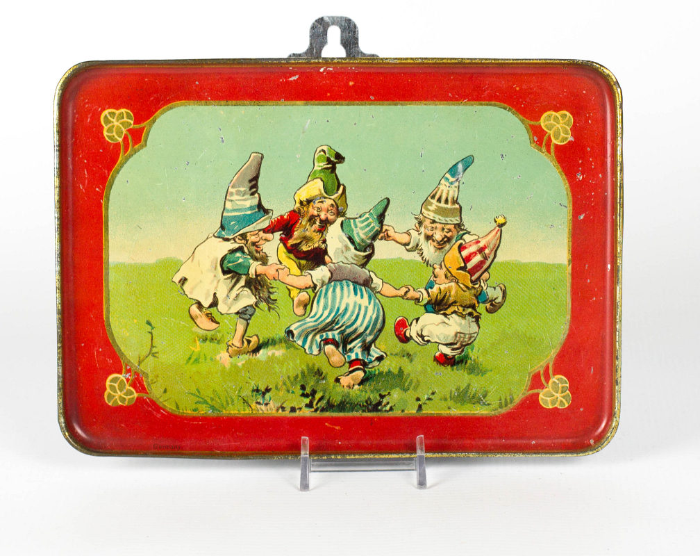 A CHILD'S TIN LITHO TRAY WITH DANCING GNOMES