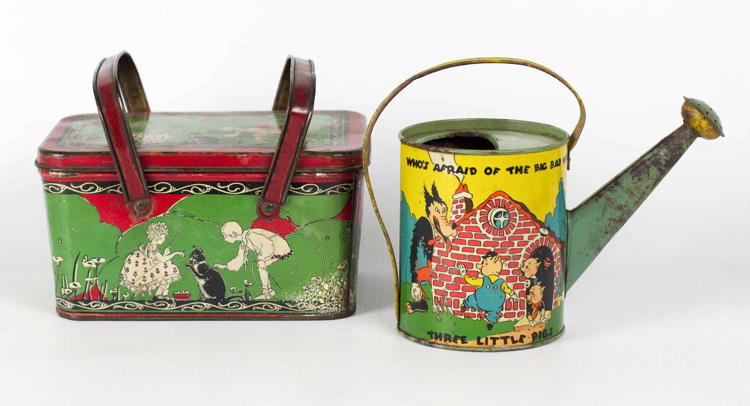 TIN LITHO LUNCH PAIL AND WATERING CAN