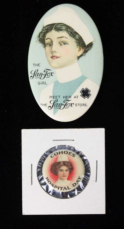 CELLULOID SAN-TOX MIRROR & COHOES ADVERTISING PIN