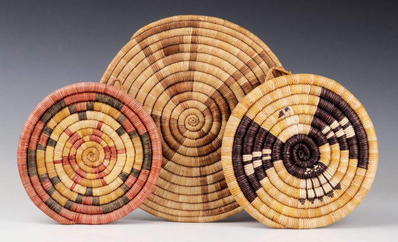 THREE HOPI COILED BASKETRY PLAQUES 