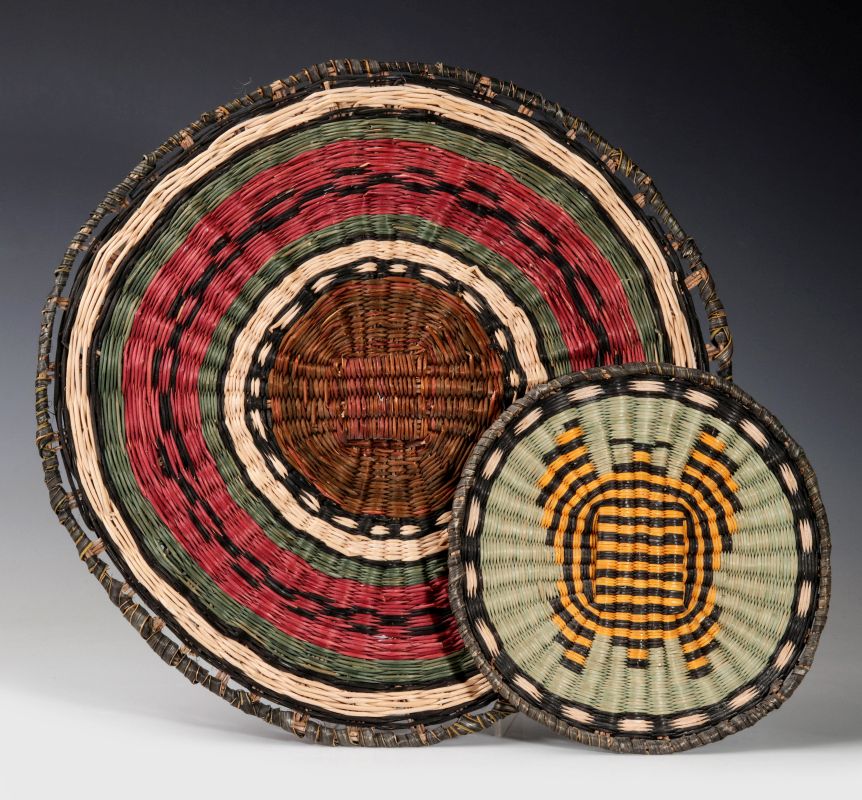 TWO BRIGHTLY COLORED HOPI WICKER PLAQUES