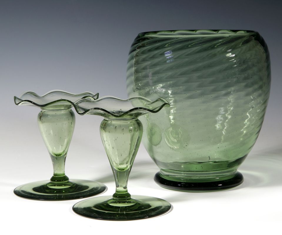 THREE STEUBEN SPANISH GREEN ART GLASS ITEMS