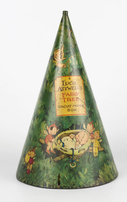 LUCIE ATTWELL'S FAIRY TREE TIN LITHO BANK