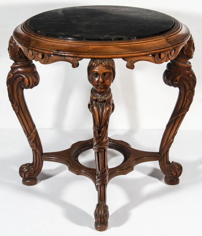 AN EARLY 20TH C. CARVED WALNUT MARBLE TOP STAND