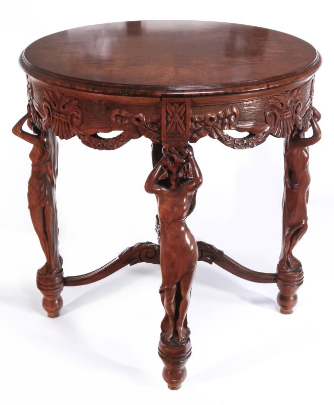 A BURLED ACACIA SIDE TABLE WITH CARVED FIGURES