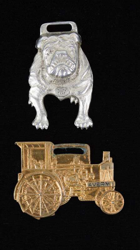TWO AVERY CO. BULLDOG AND TRACTOR ADVERTISING FOBS