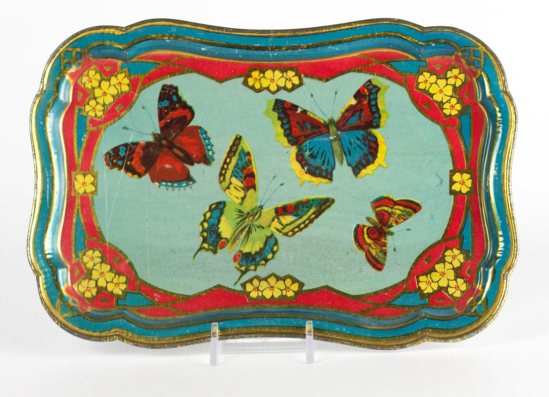 A TIN LITHO TRAY WITH BUTTERFLIES