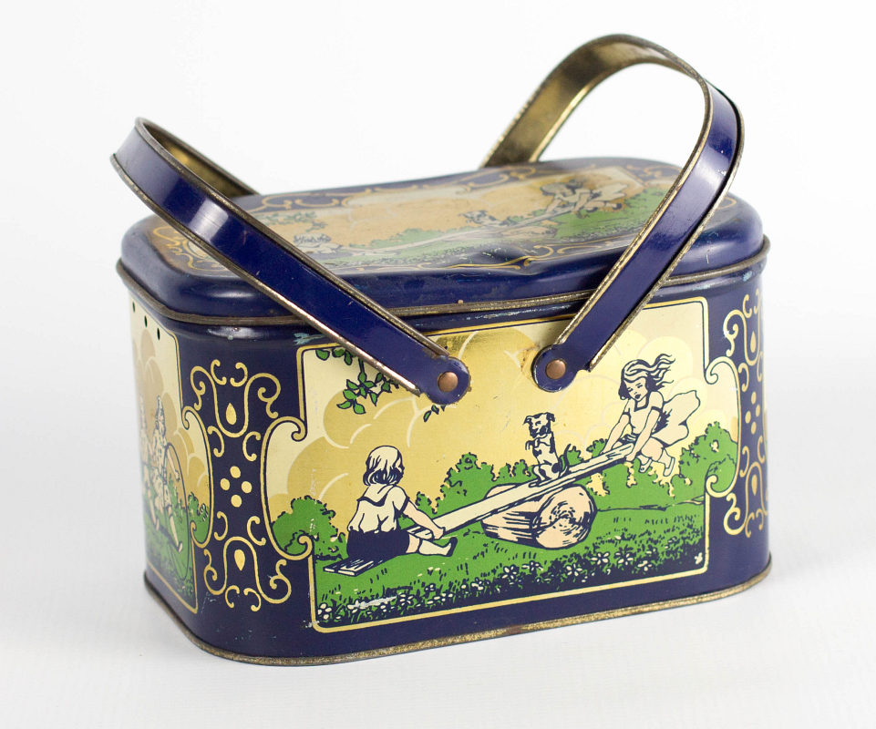 A CHILD'S TIN LITHO LUNCH PAIL w/ CHILDREN PLAYING