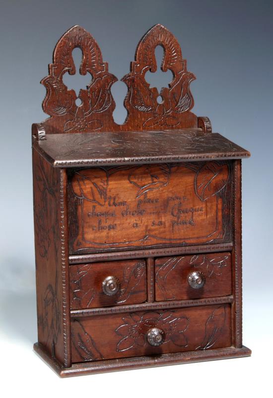 A 19TH C. FRENCH PYROGRAPHY DECORATED WALL BOX