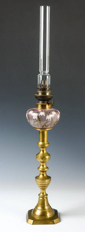 A 19TH C PEG LAMP WITH KOSMOS BURNER ENAMEL FONT