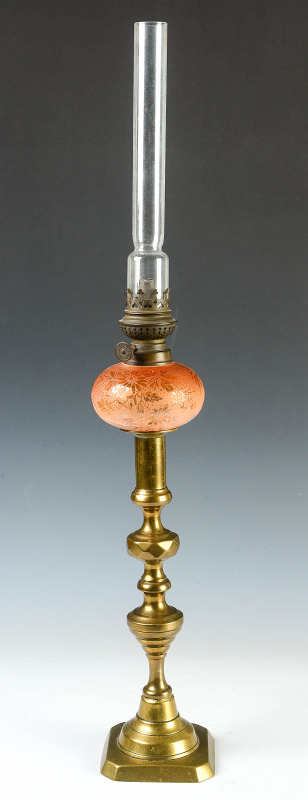 A 19TH C. PEG LAMP WITH KOSMOS BURNER DECORATED FONT