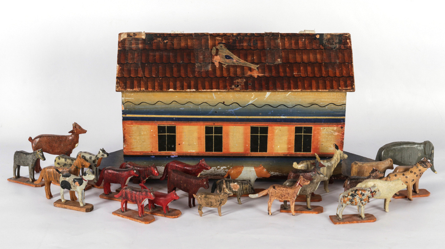 C. 1880 PAINTED WOOD NOAH'S ARK WITH 25 ANIMALS