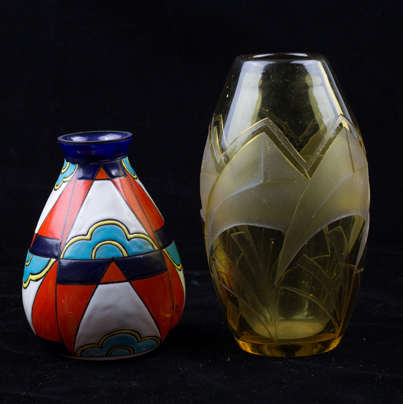 ENAMELED AND FROSTED FRENCH ART DECO GLASSWARE
