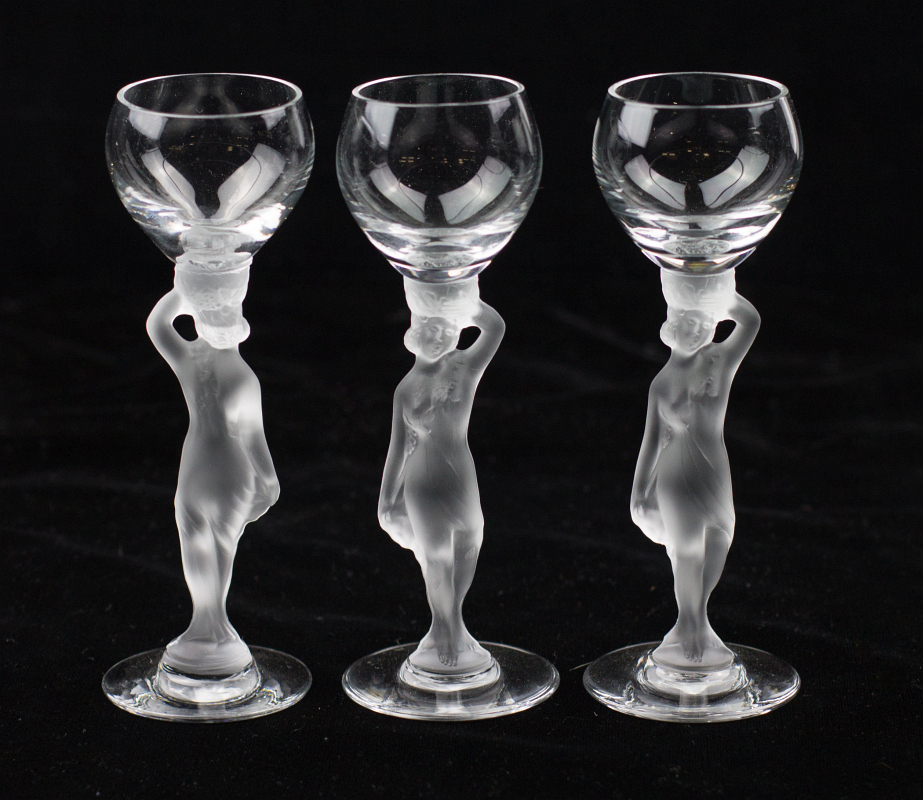 THREE BAYEL 'BACCHANTE' NUDE STEM CORDIAL GLASSES