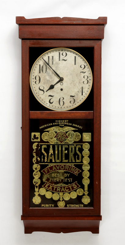 SAUER'S EXTRACTS REVERSE PAINTED ADVERTISING CLOCK 