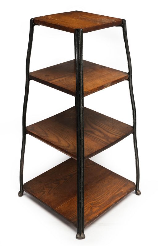 A SMALL PYRAMIDAL FORM ASH & IRON FOUR TIER STAND